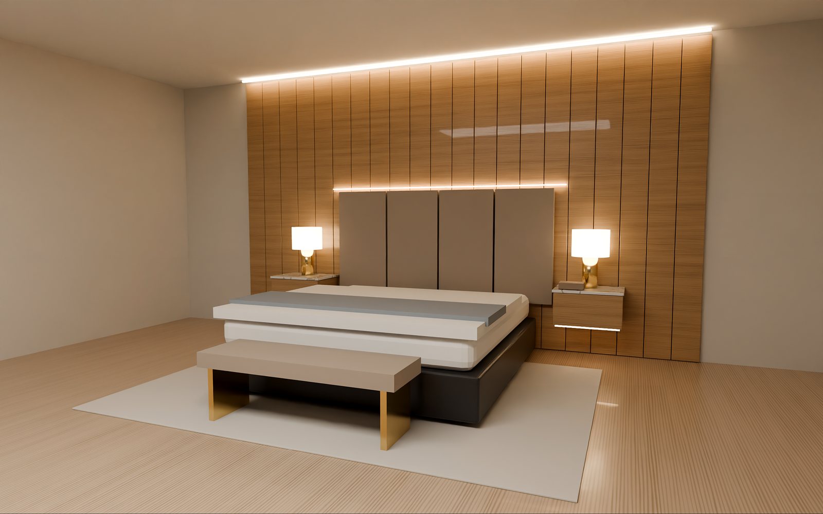 Oak wall panelling with upholstered headboard and floating nightstands, Dubai bedroom