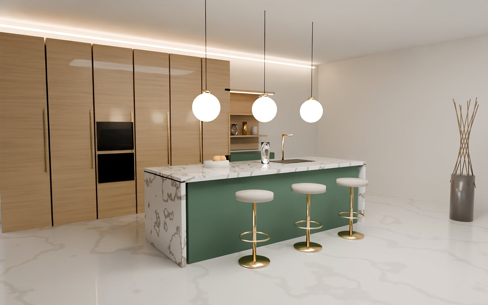 Custom light oak kitchen with dark green island and brass stools, Dubai