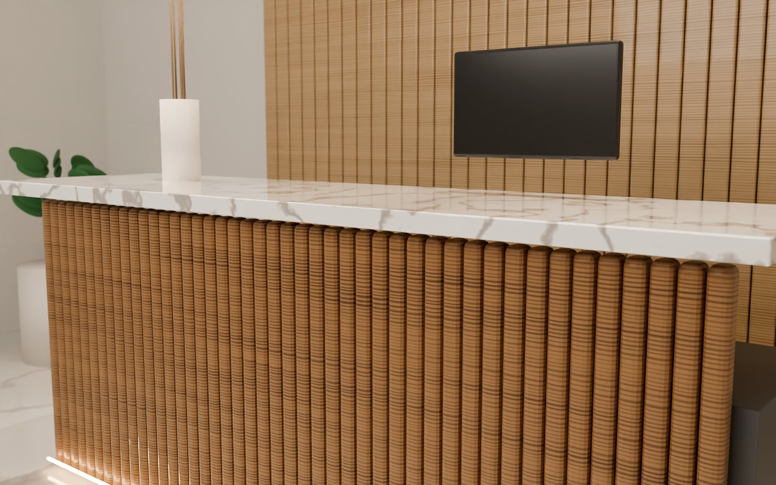 Fluted walnut reception desk and oak wall panelling detail
