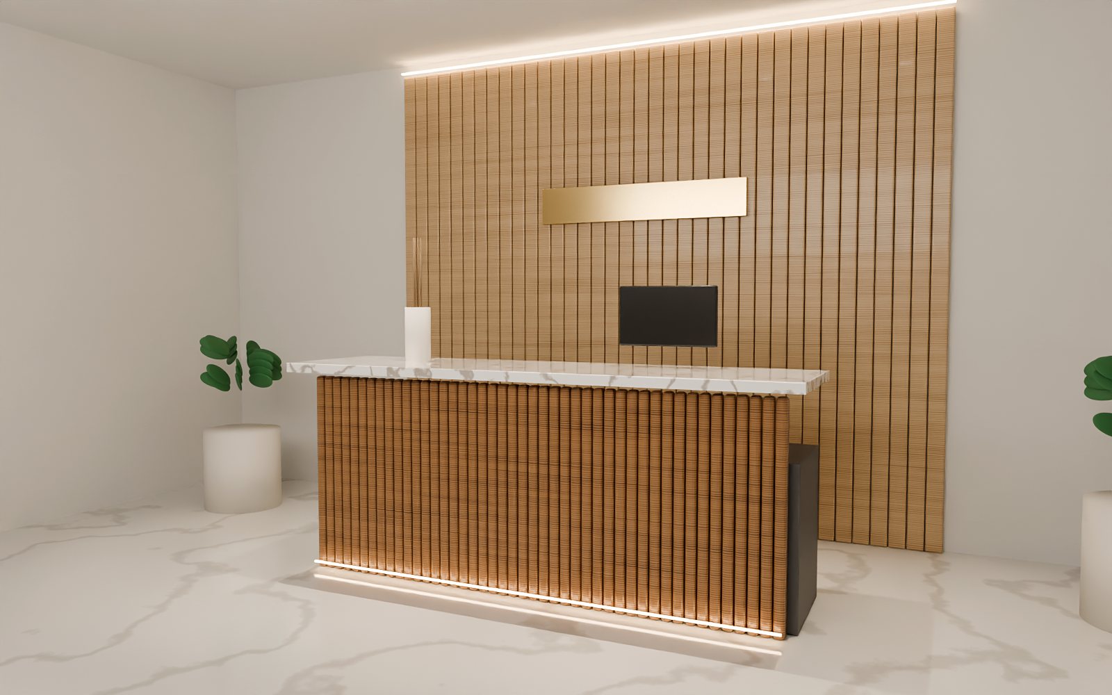 Fluted walnut reception desk with marble top and oak wall panelling, Dubai office