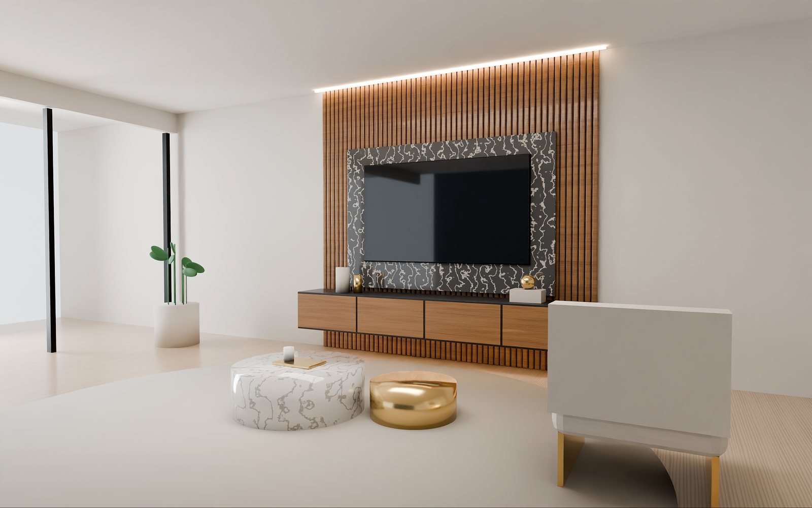 Fluted walnut TV wall with marble panel and floating TV unit, Dubai living room