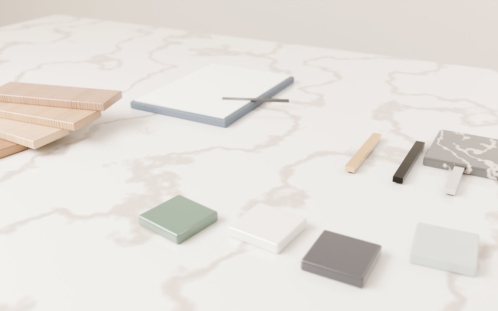 Veneer, lacquer and stone samples for kitchen cabinets