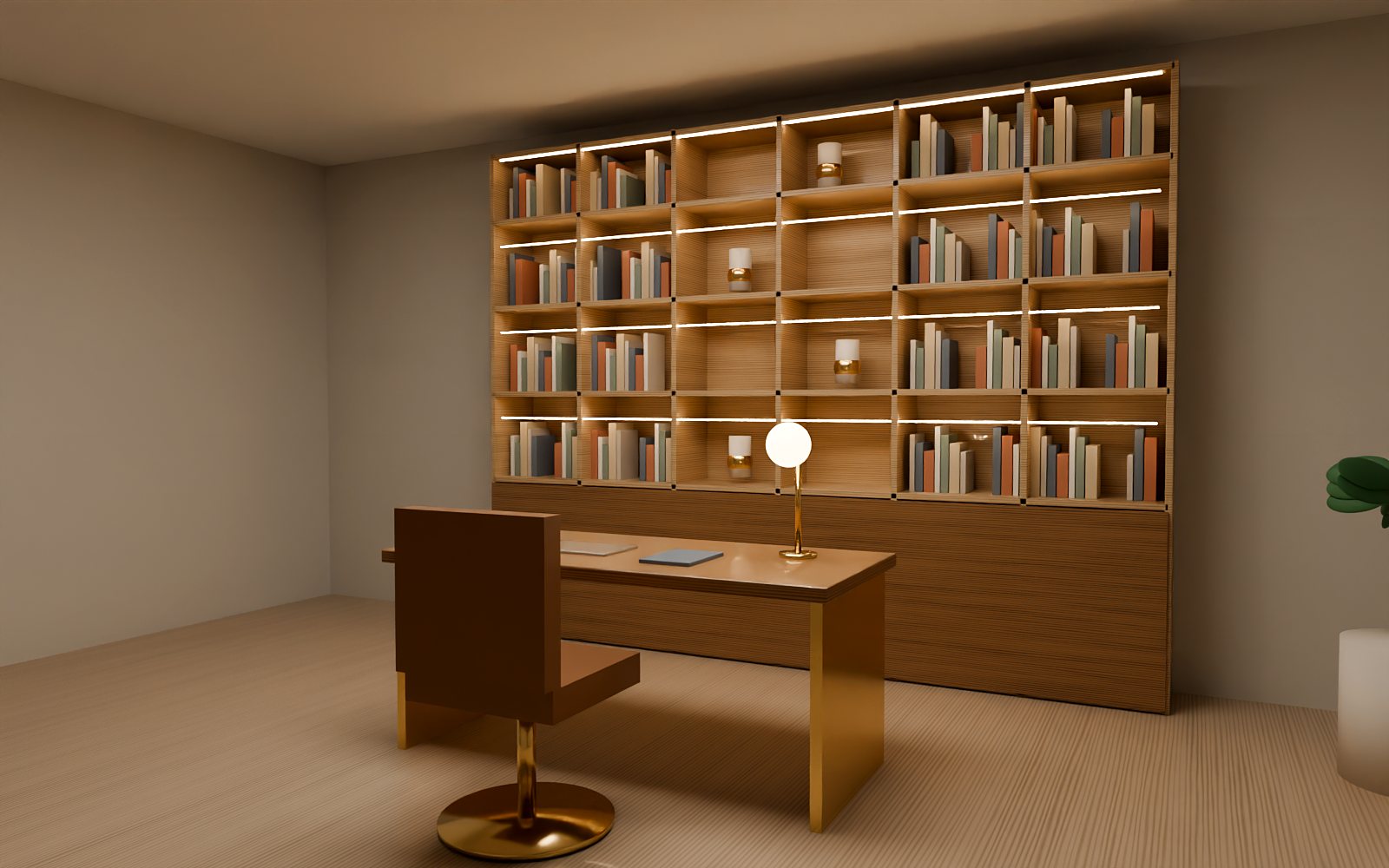 Full-wall oak bookshelf with LED lighting and walnut study desk, Dubai home office