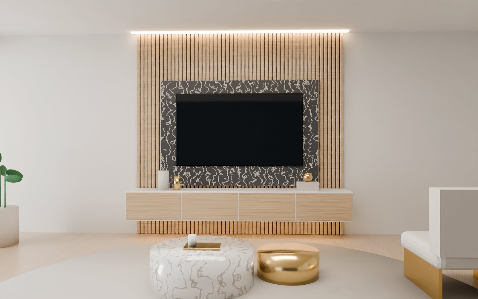 Oak fluted TV wall with marble panel and white floating unit, Dubai