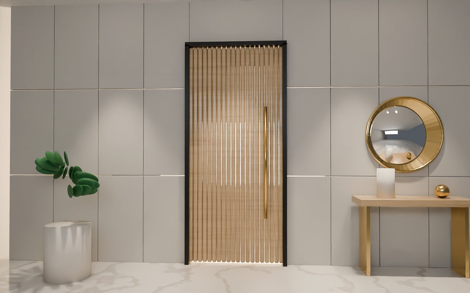 Full-height fluted oak door with brass handle, Dubai