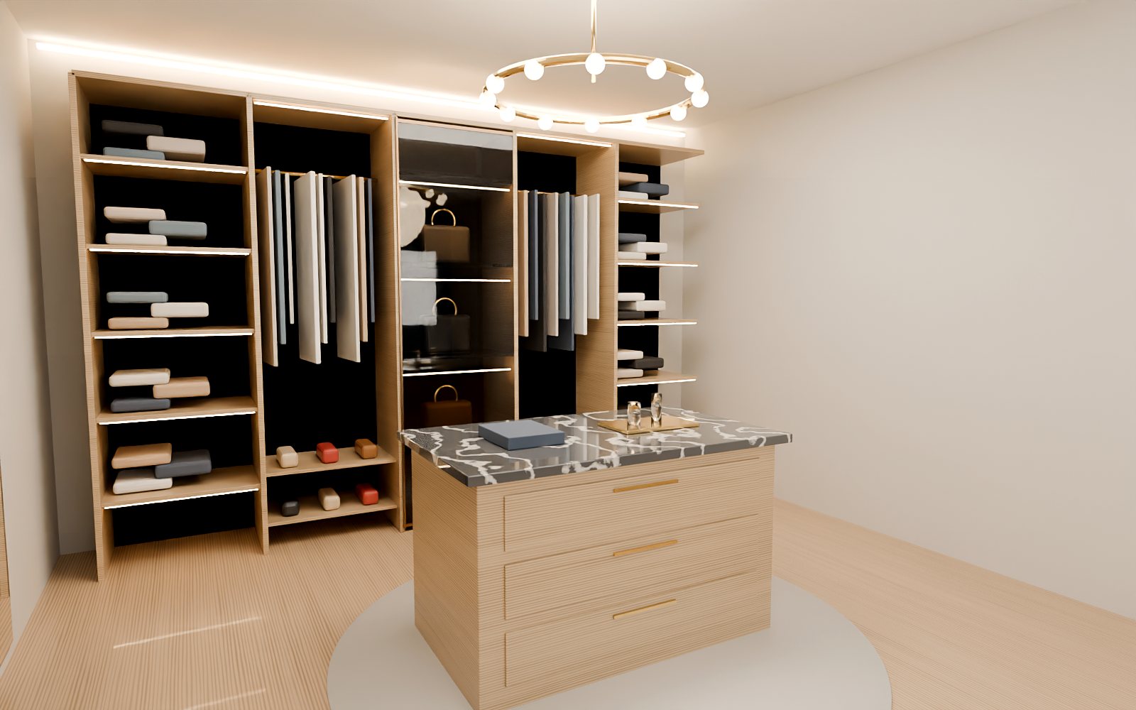 Light oak walk-in closet with island and LED shelving, Dubai