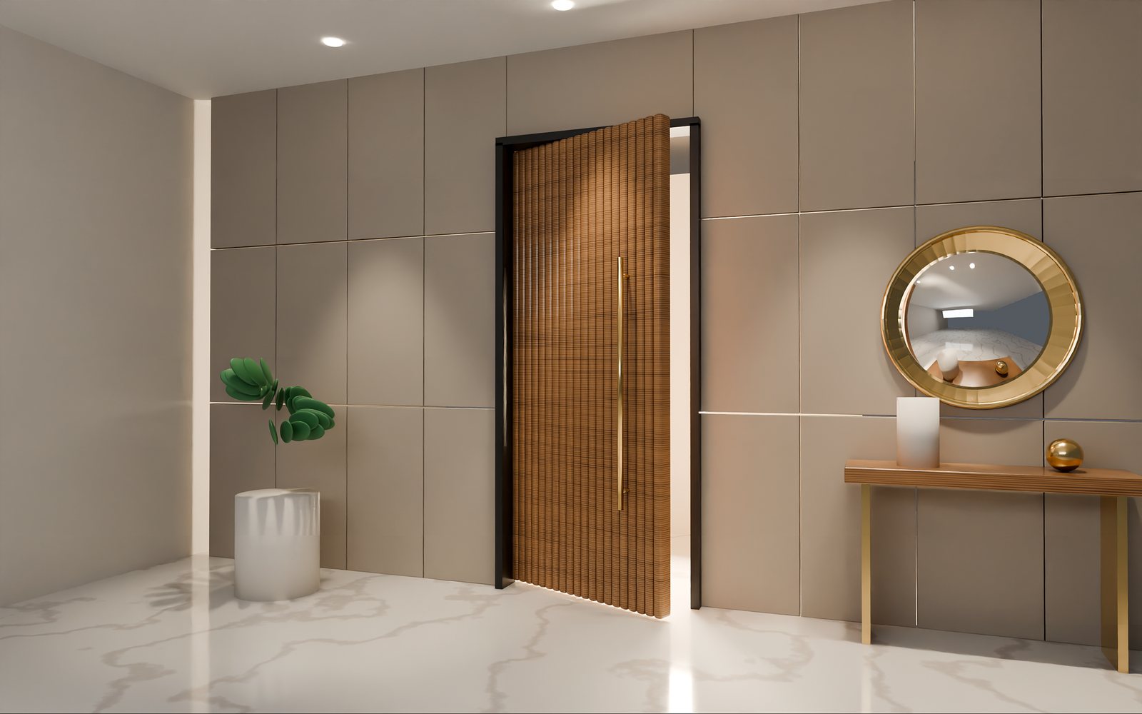 Full-height fluted walnut pivot door with brass pull handle, Dubai villa entrance