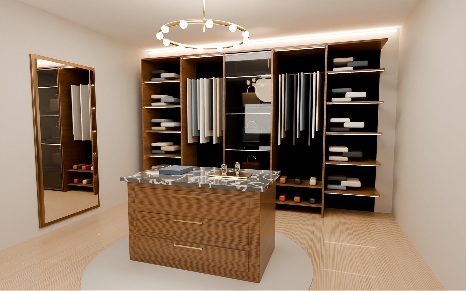 Walk-in closet with walnut shelving, bronze glass vitrine and LED lighting, Dubai