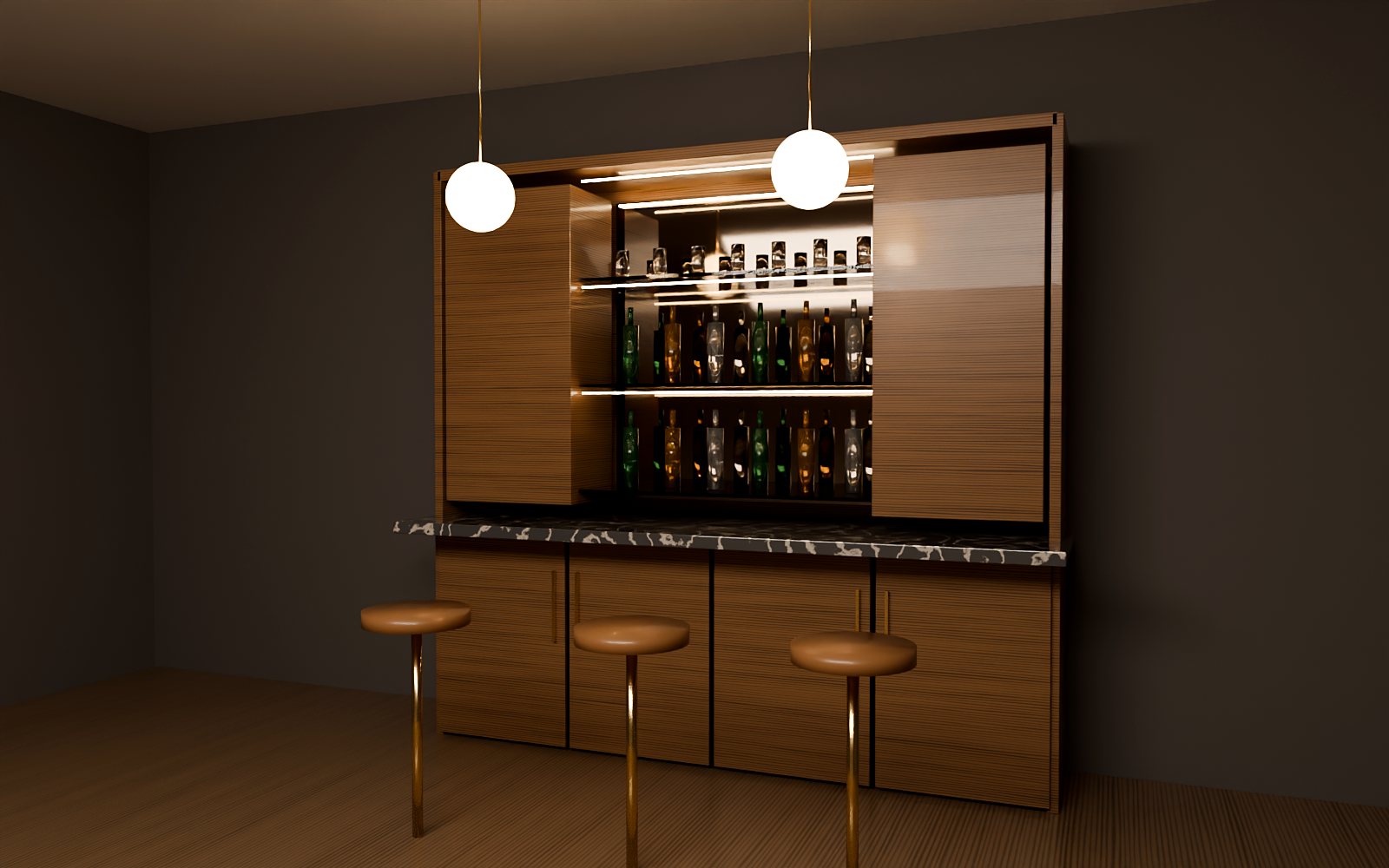 Walnut bar cabinet with backlit glass shelves and marble counter, Dubai