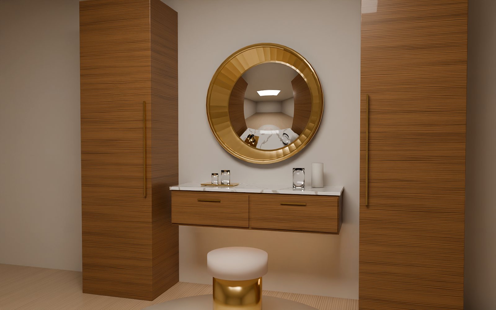 Floating walnut dressing table with brass mirror and tall cabinets, Dubai