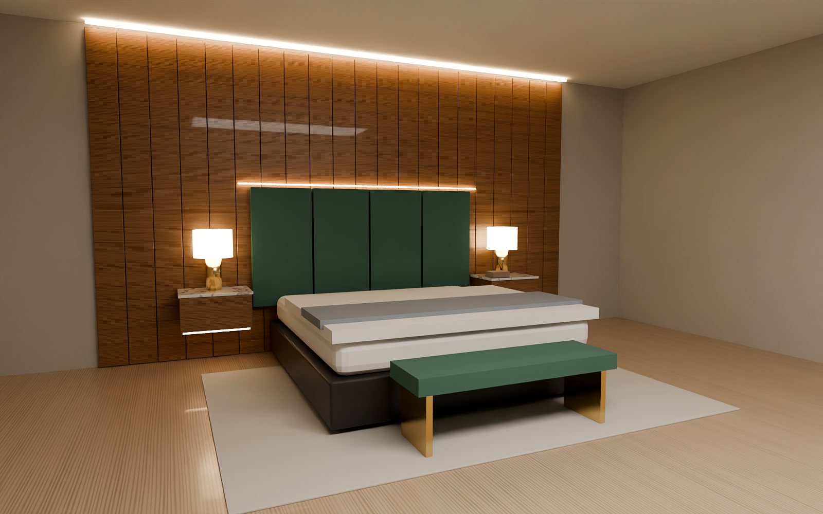 Walnut wall panelling with green upholstered headboard, Dubai bedroom