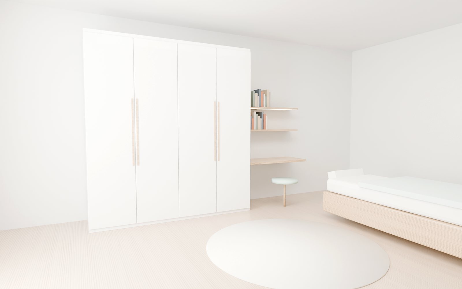 White lacquer built-in wardrobe with oak handles and study niche, Dubai bedroom